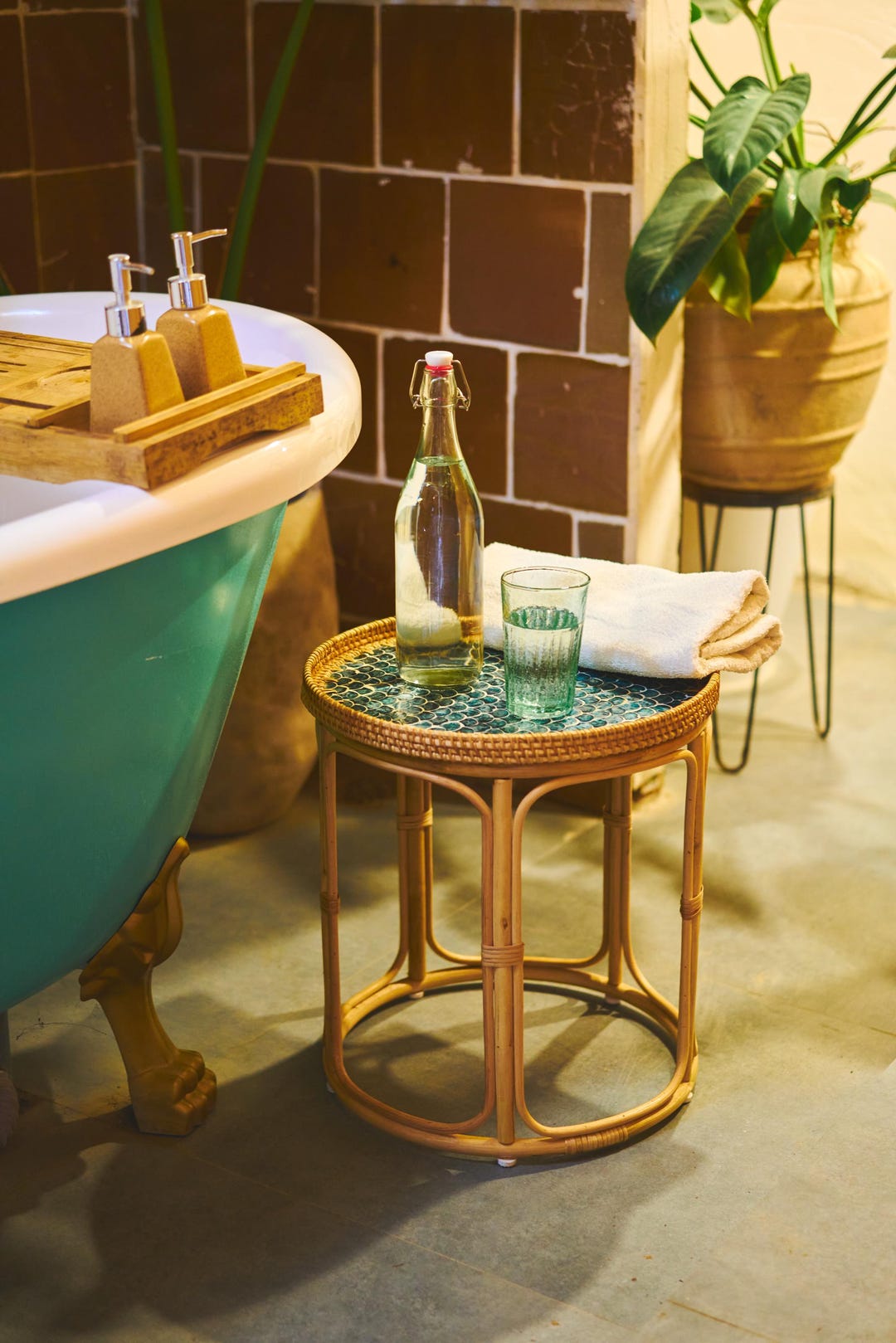 Handmade Rattan Side Table – Coastal Mother of Pearl Inlay, Gift