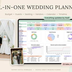 Op de afbeelding: Een alles-in-één trouwplanner digitaal dashboard voor Google Sheets. De interface toont gegevens over budget, gasten, zitplaatsen, leveranciers, kalender en tijdlijn met grafieken, tabellen en twee foto's van een bruidspaar.