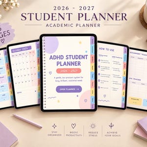Op de afbeelding: Een digitale ADHD-studentenplanner voor 2026-2027 weergegeven op meerdere tabletschermen. De interface bevat tabbladen in pastelkleuren, een opdrachten-tracker, een cijfer-tracker en een semesteroverzicht. De tekst op de voorpagina luidt ADHD STUDENT PLANNER 2026-2027, A gentle, low-pressure system for busy, brilliant, scattered minds, en OPEN PLANNER.