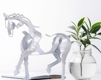 Handmade Iron Horse Sculpture: 3D Hand-Painted Metal Horse Statue Art - White