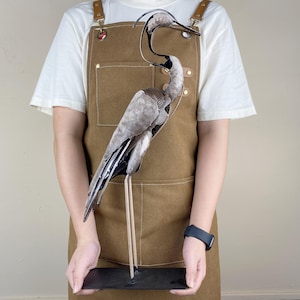 May include: A metal heron sculpture with a textured, gray body and a long, slender neck and beak. The bird stands on a black rectangular base. The sculpture is held by a person wearing a brown apron.