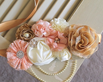 Peach Maternity Sash, Gender Reveal Sash, Girl Maternity Sash, Belly Sash, Pregnancy Sash, Baby Shower Sash, RTS, Peach Gold Ivory