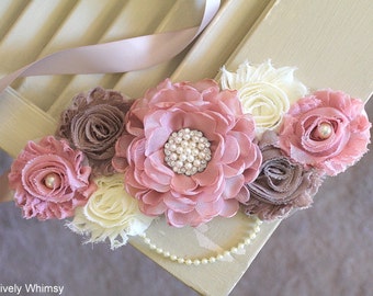Pink Taupe Maternity Sash, Baby Shower Sash, Maternity Sash, Pink Maternity Sash, Girl Maternity Sash, RTS, Dusty Vintage Pink, Taupe, Ivory