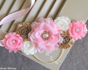 Pink Gold Maternity Sash, Girl Maternity Sash, Pink Maternity Sash, Maternity Belt, Pregnancy Sash, Flower Sash, RTS, Pink Gold Ivory