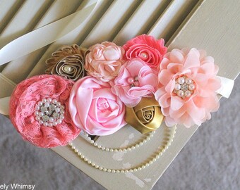 Peach Pink Coral Gold Maternity Sash, Baby Shower Sash, Baby Shower, Girl Maternity Sash, Pink Maternity Sash, Flower Sash, Belly Sash, RTS