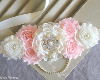 Blush Ivory Maternity Sash, Blush Pink Sash, Girl Maternity Sash, Flower Sash, Belly Sash, Baby Shower Sash, RTS, Blush Pink, Ivory