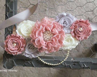 Pink Gray Maternity Sash, Girl Maternity Sash, Pink Maternity Sash, Baby Girl Sash, Dusty Pink, Vintage Pink, Pink Gray Ivory, RTS