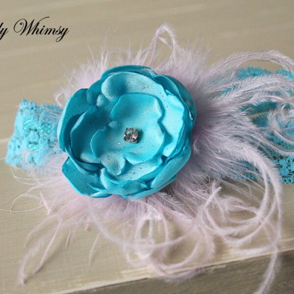 RTS Newborn Headband, Turquoise Blue & Pink, Baby Headband, Toddler Child Girl Headband, Feather Headband, Photo Prop