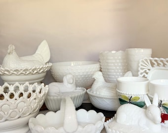 Vintage Milk Glass Dishes and Decor- Hen On Nest, Westmoreland, Indiana Glass, Fire King
