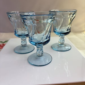 Vintage Wine Glasses | vintage pressed colored glass stemware, coastal drinking glasses, set of 3 blue glass goblets