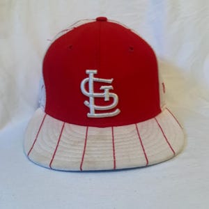 Vintage St. Louis Cardinals 59FIFTY Hat | Red White Pinstripe Fitted Cap 7 1/8 | MLB New Era Throwback Pinwheel Baseball Hat