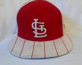 Vintage St. Louis Cardinals 59FIFTY Hat | Red White Pinstripe Fitted Cap 7 1/8 | MLB New Era Throwback Pinwheel Baseball Hat