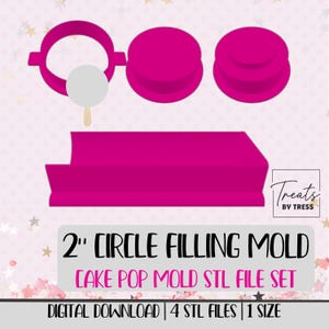 Peut inclure: Un ensemble de composants magenta imprimés en 3D pour un moule de remplissage circulaire de 2 pouces et un moule à cake pop. L'ensemble comprend un cadre circulaire, deux disques pleins et une base rectangulaire. Texte : 2" CIRCLE FILLING MOLD CAKE POP MOLD STL FILE SET.