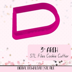 Può includere: Un tagliabiscotti a forma di arco rosa acceso, di 7,6 cm. Il testo "3" ARCH STL Files Cookie Cutter" è visualizzato su un rettangolo rosa. Le parole "DIGITAL DOWNLOAD | STL FILE" sono in basso.