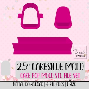 Può includere: Un set di stampi per cake pop fucsia e uno stampo rettangolare, con il testo "2.5" CAKESICLE MOLD" e "CAKE POP MOLD STL FILE SET". L'immagine include anche il testo "DIGITAL DOWNLOAD | 4 STL FILES | 1 SIZE".