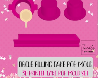 May include: A magenta 3D printed cake pop mold set including a circular frame, two cylindrical plungers, and a rectangular base. A small beige circular tool is included. The text reads: CIRCLE FILLING CAKE POP MOLD, 3D PRINTED CAKE POP MOLD SET, TREATS BY TRESS, PHYSICAL CAKE POP SET | MULTIPLE SIZES AVAILABLE.