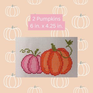 Peut inclure: Un motif au point de croix représentant deux citrouilles, une rose et une orange, avec des tiges et des vrilles vertes sur un tissu à grille blanc. Le texte 2 Pumpkins 15,24 cm x 10,8 cm est affiché dans un encadré rose au-dessus.