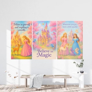 Whimsical Princess Bedroom Wall Art | Digital Download | Pastel Castle & Fairy Tale Creatures | Girls Room Decor | Printable Nursery Quote