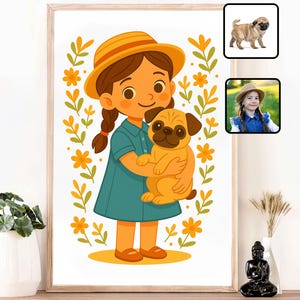 Custom Pet and Owner Portrait, Cartoon Style Pet Illustration, Personalized Pet Memorial Gift, Digital Pet Portrait with Floral Background
