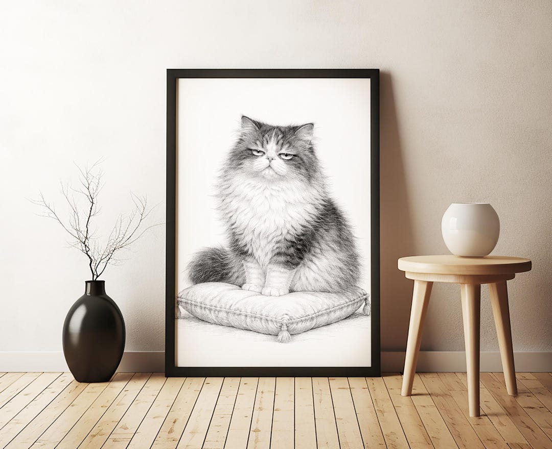 Persian Cat Portrait Print, Black and White Pen-and-ink Illustration - Etsy