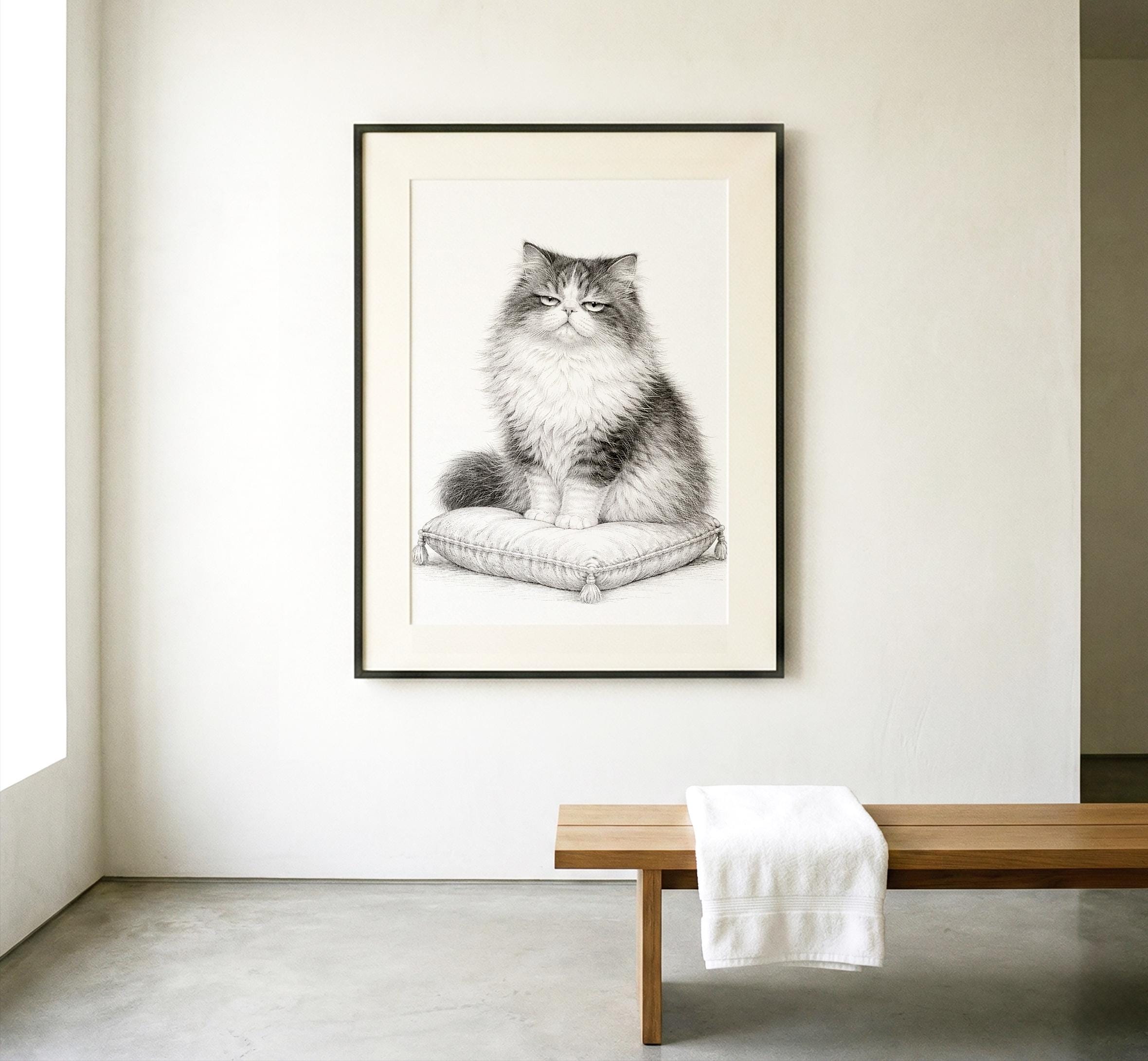 Persian Cat Portrait Print, Black and White Pen-and-ink Illustration - Etsy