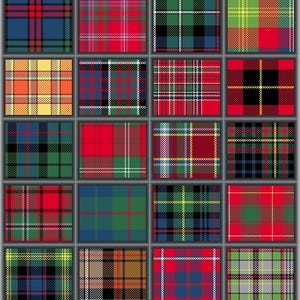 Puede incluir: Una colección de 20 patrones de cuadros diferentes en varios colores, incluidos rojo, verde, azul, amarillo y negro. Cada patrón se muestra en un marco cuadrado.