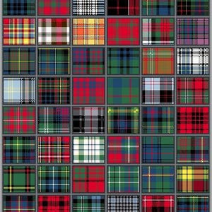 May include: A collection of 64 different plaid patterns in various colors, including red, green, blue, black, and white. The patterns are arranged in a grid.