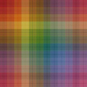 May include: A colorful plaid fabric with a rainbow pattern. The fabric is woven with a variety of colors, including red, orange, yellow, green, blue, indigo, and violet.