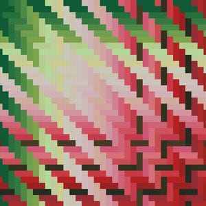 Pode incluir: Padrão geométrico abstrato em tons de vermelho, rosa, verde e castanho. O design apresenta um padrão repetitivo em forma de tijolo disposto diagonalmente na imagem, criando uma aparência texturizada. A paleta de cores inclui um efeito gradiente.