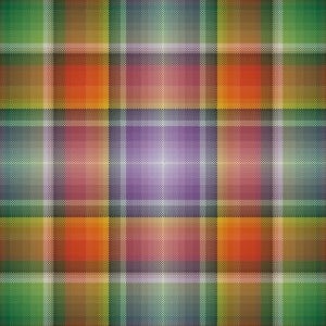 May include: A digitally created plaid pattern featuring a symmetrical arrangement of squares. The squares display a gradient of colors, including green, orange, purple, and red, with white grid lines. The overall design has a pixelated texture.
