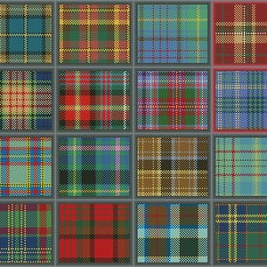 Puede incluir: Una cuadrícula de 35 patrones de tartán diferentes en varios colores, incluyendo rojo, verde, azul y amarillo. Cada cuadrado de tartán tiene un diseño único, con diferentes grosores de línea y combinaciones de colores.