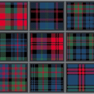 May include: Nine different plaid patterns in a grid. The patterns are made up of red, green, blue, and black squares.