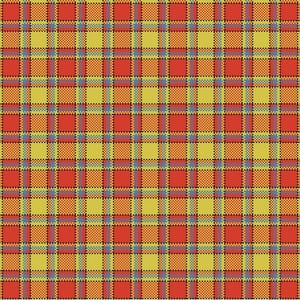 May include: A vibrant plaid pattern featuring a grid of intersecting lines in shades of red, yellow, orange, and blue. The design has a classic, textured appearance, suitable for textiles or digital art.