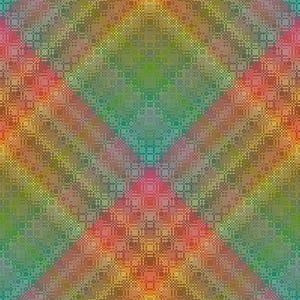 May include: Abstract geometric pattern with a symmetrical design. The artwork features a blend of colors, including red, green, yellow, and brown, arranged in a repeating square pattern. The overall effect is a textured, colorful design.