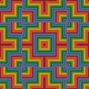 May include: A repeating geometric pattern featuring concentric squares in a vibrant rainbow color palette. The design consists of nested lines in red, orange, yellow, green, blue, and purple, creating a symmetrical, maze-like grid structure.