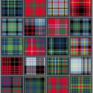 May include: A collection of 16 different plaid patterns in various colors, including red, blue, green, black, and white. The patterns are arranged in a grid.