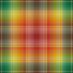 May include: A colorful plaid pattern in shades of green, yellow, orange, and red. The design features a square grid with varying color gradients, creating a textured, pixelated effect. The pattern is symmetrical and vibrant.