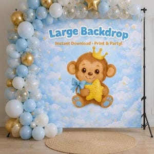 Baby Monkey Backdrop, Blue Safari Decor for First Birthday and Shower