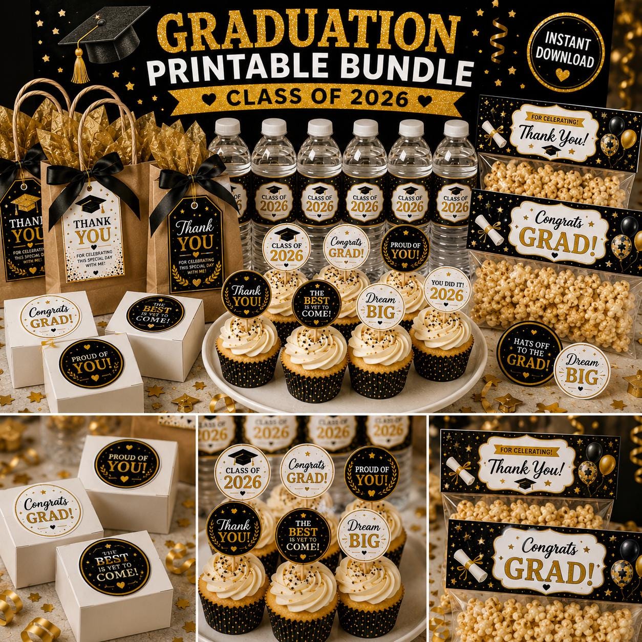 Graduation Party Printable Bundle, Black Gold Class of 2026 Decor ...