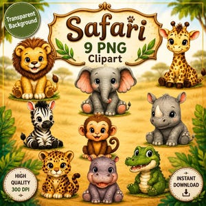 Baby Safari Animals Clipart Bundle, 9 PNG Graphics for Nursery Decor