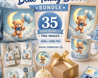 Pacchetto orsetto blu: tema luna per cameretta e baby shower per neonato (35 immagini PNG)