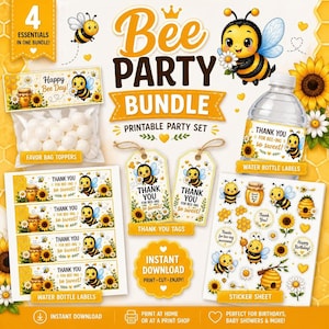 Paquete imprimible para fiestas de abejas, adorables decoraciones para cumpleaños y baby showers.