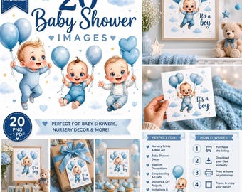 Baby Boy Decor Watercolor Art Bundle, Blue Balloon Nursery Prints