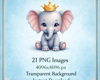 Paquete de imágenes prediseñadas de elefantes bebés en acuarela – Corona azul real PNG (Descarga digital)