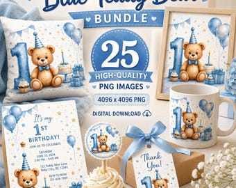 Blue Teddy Bear Bundle: 1st Birthday, Baby Shower Watercolor PNG (Digital Download)