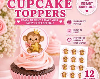 Pink Monkey cupcake toppers, babyshower meisje feestdecor (digitale download)