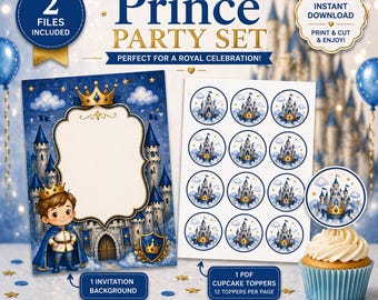 Set de fiesta de príncipe imprimible: invitación y adornos para cupcakes con diseño de corona de castillo azul. Decoración de cumpleaños en PDF.