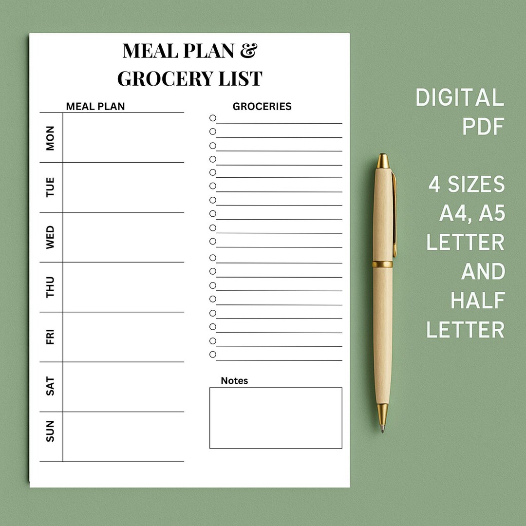 Meal Plan & Grocery List Printable – Weekly Menu Planner PDF – A4 A5 US ...