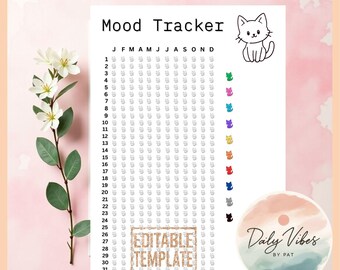 Cat Mood Tracker Printable – Monthly & Yearly Mood Tracker Pages, Cute Cat Journal Template, Mental Health Planner, Instant Download PDF