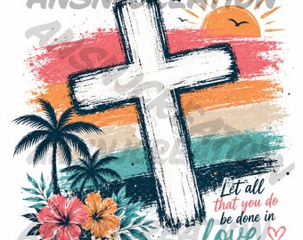 Cruz de Verão PNG, Design de Camiseta com Jesus, Gráfico com Versículo Bíblico (Arquivo Digital)